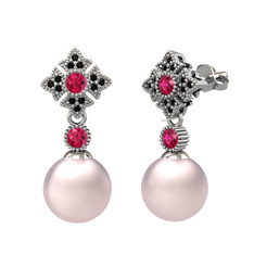 Pembe inci, rodolit garnet ve siyah zirkon 925 ayar gümüş küpe