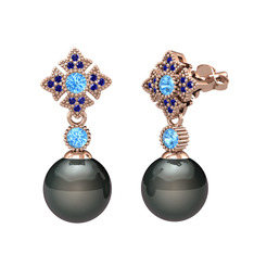 Teimei İnci Küpe - Siyah inci, akuamarin ve lab safir 8 ayar rose altın küpe #1llh3xc