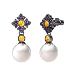 Teimei İnci Küpe - Inci, sitrin ve ametist 925 ayar siyah rodyum kaplama gümüş küpe #1lxjotb