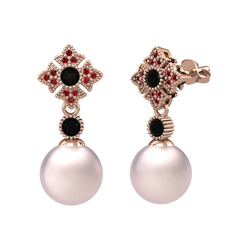 Teimei İnci Küpe - Pembe inci, siyah zirkon ve garnet 8 ayar rose altın küpe #1m35r8