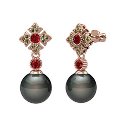 Siyah inci, garnet ve peridot 14 ayar rose altın küpe