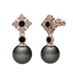 Siyah inci, siyah zirkon ve swarovski 8 ayar rose altın küpe
