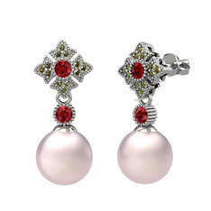 Teimei İnci Küpe - Pembe inci, garnet ve peridot 18 ayar beyaz altın küpe #1nae507