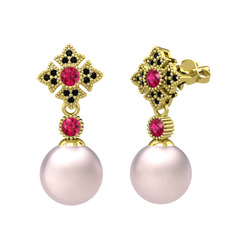 Pembe inci, rodolit garnet ve siyah zirkon 18 ayar altın küpe