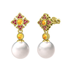 Teimei İnci Küpe - Inci, sitrin ve rodolit garnet 14 ayar altın küpe #1nxyuob