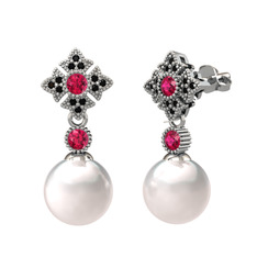 Teimei İnci Küpe - Inci, rodolit garnet ve siyah zirkon 14 ayar beyaz altın küpe #1nyqj83