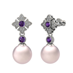 Pembe inci, ametist ve swarovski 8 ayar beyaz altın küpe