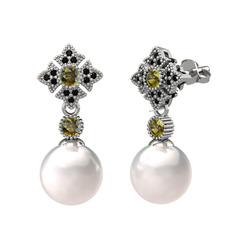 Teimei İnci Küpe - Inci, peridot ve siyah zirkon 14 ayar beyaz altın küpe #1op1b04