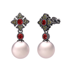 Teimei İnci Küpe - Pembe inci, garnet ve peridot 925 ayar siyah rodyum kaplama gümüş küpe #1ow4dt1