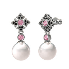 Teimei İnci Küpe - Inci, pembe kuvars ve siyah zirkon 14 ayar beyaz altın küpe #1ow4pux