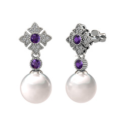 Teimei İnci Küpe - Inci, ametist ve swarovski 14 ayar beyaz altın küpe #1pinci