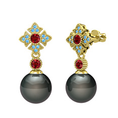 Teimei İnci Küpe - Siyah inci, garnet ve akuamarin 18 ayar altın küpe #1pq5yn4