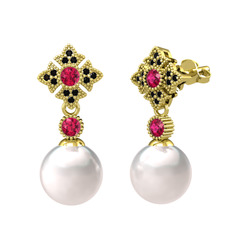 Teimei İnci Küpe - Inci, rodolit garnet ve siyah zirkon 8 ayar altın küpe #1q005vu