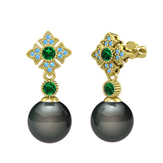 Teimei İnci Küpe - Siyah inci, yeşil kuvars ve akuamarin 18 ayar altın küpe #1q32enx