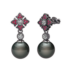 Teimei İnci Küpe - Siyah inci, swarovski ve rodolit garnet 925 ayar siyah rodyum kaplama gümüş küpe #1qm62sx