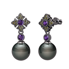 Teimei İnci Küpe - Siyah inci, ametist ve peridot 925 ayar siyah rodyum kaplama gümüş küpe #1qmqh1u