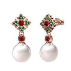Inci, garnet ve yeşil kuvars 8 ayar rose altın küpe