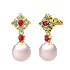 Teimei İnci Küpe - Pembe inci, rodolit garnet ve beyaz zirkon 18 ayar altın küpe #1qpy9gr