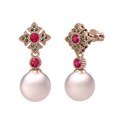 Teimei İnci Küpe - Pembe inci, rodolit garnet ve peridot 18 ayar rose altın küpe #1r1pgql