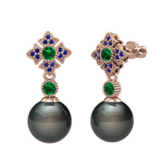 Teimei İnci Küpe - Siyah inci, yeşil kuvars ve lab safir 14 ayar rose altın küpe #1r3qcbo