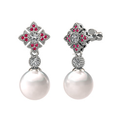 Inci, swarovski ve rodolit garnet 18 ayar beyaz altın küpe