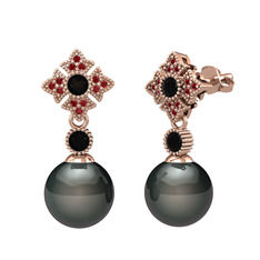 Siyah inci, siyah zirkon ve garnet 8 ayar rose altın küpe