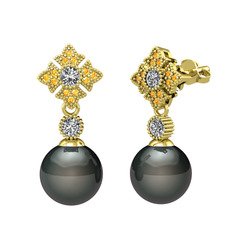 Siyah inci, swarovski ve sitrin 925 ayar altın kaplama gümüş küpe