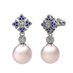 Pembe inci, swarovski ve lab safir 925 ayar gümüş küpe
