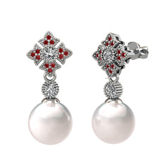 Inci, swarovski ve garnet 14 ayar beyaz altın küpe