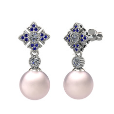 Teimei İnci Küpe - Pembe inci, pırlanta ve lab safir 925 ayar gümüş küpe (0.44 karat) #1smd0eb