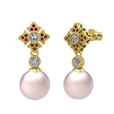 Pembe inci, swarovski ve garnet 8 ayar altın küpe