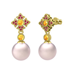 Teimei İnci Küpe - Pembe inci, sitrin ve rodolit garnet 8 ayar altın küpe #1sp0w1b