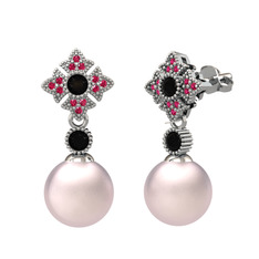 Teimei İnci Küpe - Pembe inci, siyah zirkon ve rodolit garnet 8 ayar beyaz altın küpe #1sqi2y9