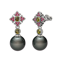 Siyah inci, peridot ve rodolit garnet 18 ayar beyaz altın küpe