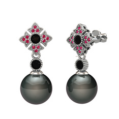 Siyah inci, siyah zirkon ve rodolit garnet 18 ayar beyaz altın küpe