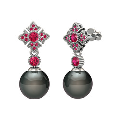 Siyah inci ve rodolit garnet 18 ayar beyaz altın küpe