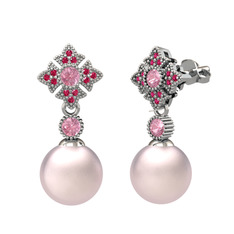 Pembe inci, pembe kuvars ve rodolit garnet 8 ayar beyaz altın küpe
