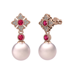 Pembe inci, rodolit garnet ve beyaz zirkon 8 ayar rose altın küpe