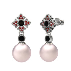 Teimei İnci Küpe - Pembe inci, siyah zirkon ve garnet 14 ayar beyaz altın küpe #1tg1lu0