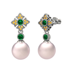 Teimei İnci Küpe - Pembe inci, yeşil kuvars ve sitrin 14 ayar beyaz altın küpe #1tiolai