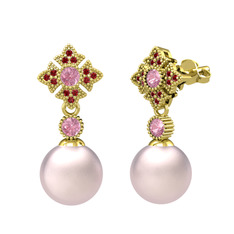 Teimei İnci Küpe - Pembe inci, pembe kuvars ve garnet 8 ayar altın küpe #1u5kmie