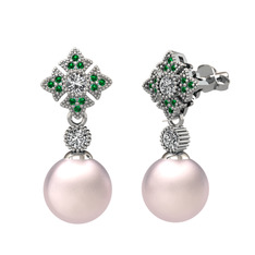 Teimei İnci Küpe - Pembe inci, swarovski ve yeşil kuvars 18 ayar beyaz altın küpe #1ueqo6i