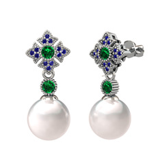 Teimei İnci Küpe - Inci, yeşil kuvars ve lab safir 8 ayar beyaz altın küpe #1uez5ku