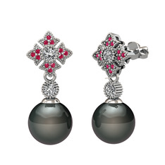 Siyah inci, swarovski ve rodolit garnet 18 ayar beyaz altın küpe