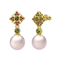 Teimei İnci Küpe - Pembe inci, peridot ve garnet 8 ayar altın küpe #1ujrmqz