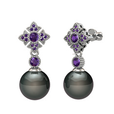 Teimei İnci Küpe - Siyah inci ve ametist 18 ayar beyaz altın küpe #1ur81do