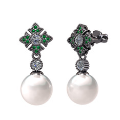 Teimei İnci Küpe - Inci, pırlanta ve yeşil kuvars 925 ayar siyah rodyum kaplama gümüş küpe (0.44 karat) #1uz7tzz