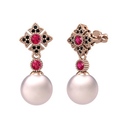 Teimei İnci Küpe - Pembe inci, rodolit garnet ve siyah zirkon 18 ayar rose altın küpe #1v824jo