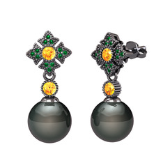 Teimei İnci Küpe - Siyah inci, sitrin ve yeşil kuvars 925 ayar siyah rodyum kaplama gümüş küpe #1vqmtph