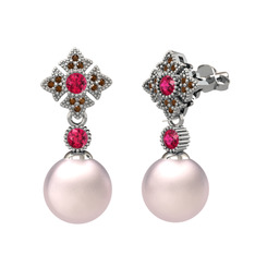 Pembe inci, rodolit garnet ve dumanlı kuvars 18 ayar beyaz altın küpe